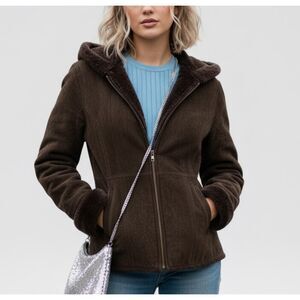 Vtg Y2K Sonoma Brown Real Suede Leather Winter Coat Womens Medium Faux Fur Good